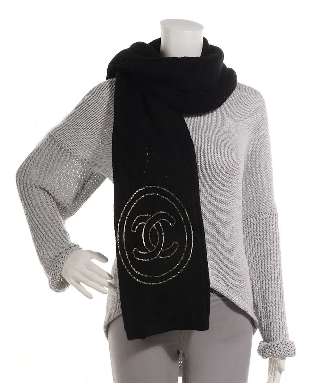 Chanel Cashmere Black CC Chain Scarf